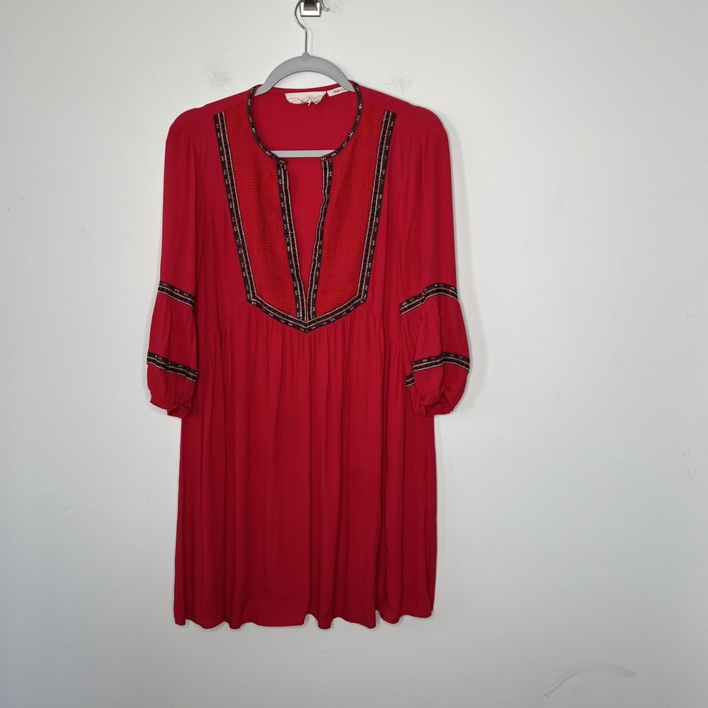 ba&sh Dress Womens Small US 6 Red Cale Boho Embroidered‎ Peasant Viscose Tunic